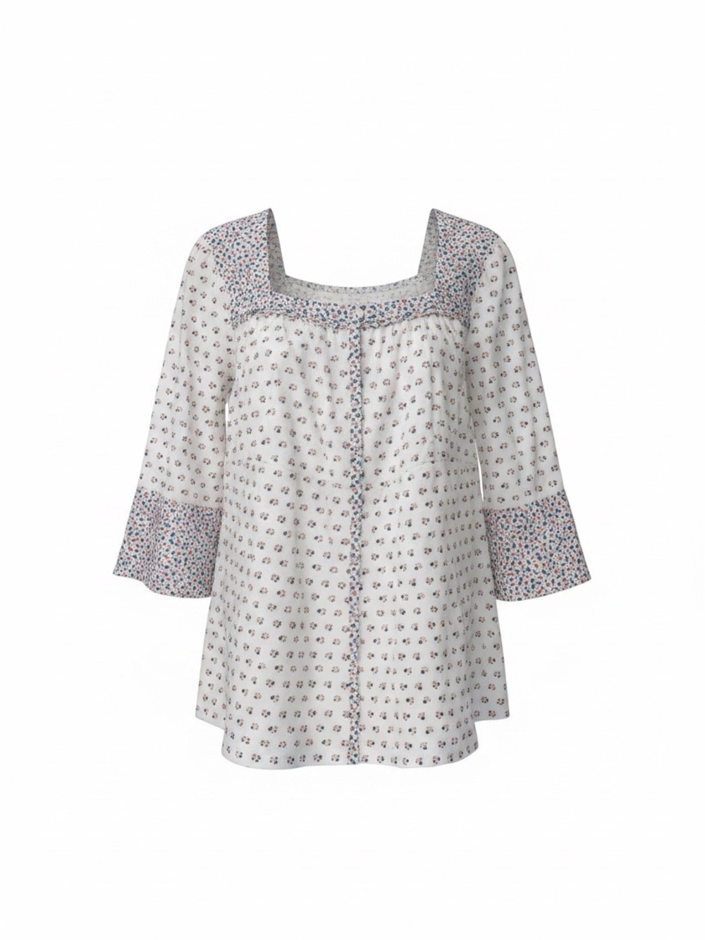 Suzanne Betro Cream Floral Square-Neck Blouse with Blue & Pink Accents - Picture 1 of 6
